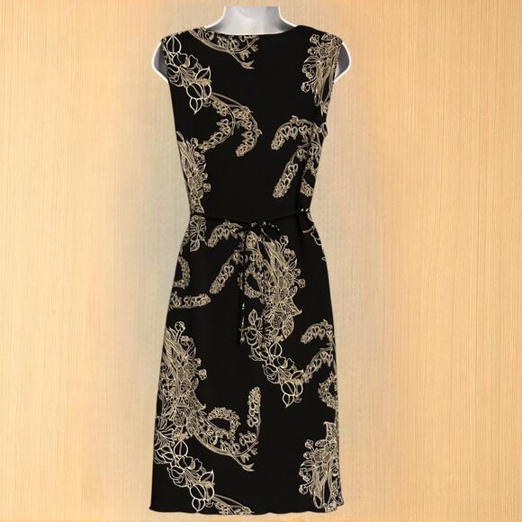 Vintage LA BELLE Sleeveless Cocktail Dress Sz Medium Midi Black Gold Lace V Neck - Picture 6 of 7